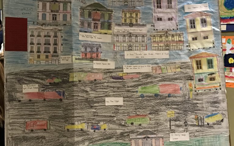 Collage of houses and drawing made by children refugees